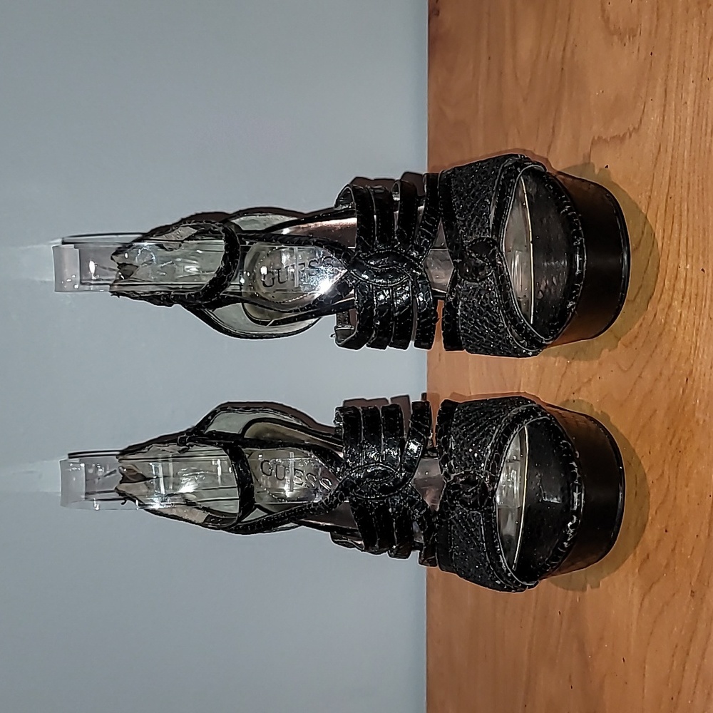 GUESS Strappy Black Faux Snake Stilettos Sz 6.5
